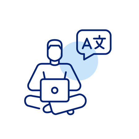 Man at laptop learning foreign languages. Pixel perfect, editable stroke vector iconのイラスト素材