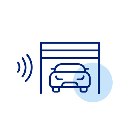 Car in garage and wifi symbol. Smart parking, secure remote key. Pixel perfect, editable stroke vector iconのイラスト素材