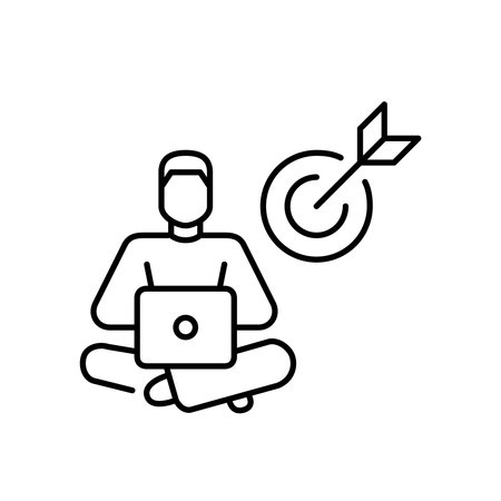 Man working at laptop and arrow hitting target. Remote job productivity. Pixel perfect, editable stroke vector iconのイラスト素材