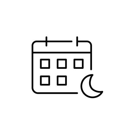 Calendar and moon. Sleep tracking app. Night time event planning. Pixel perfect, editable stroke vector iconのイラスト素材