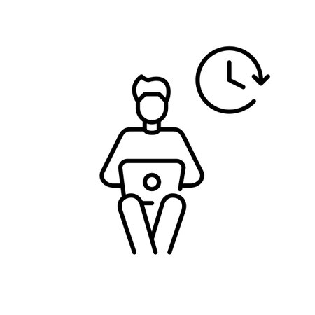 Man working or studying at laptop and clock. Deadline, work time management and tracking. Pixel perfect, editable stroke vector iconのイラスト素材