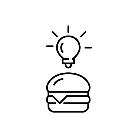 Cheeseburger and light bulb. Ideas for food delivery, smart app. Pixel perfect, editable stroke vector iconのイラスト素材