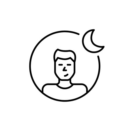 Male user avatar and crescent moon. Quiet mode on social media and messengers. Pixel perfect, editable stroke vector iconのイラスト素材