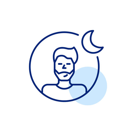 Man user avatar and crescent moon. Quiet mode on social media and messengers. Pixel perfect, editable stroke vector iconのイラスト素材