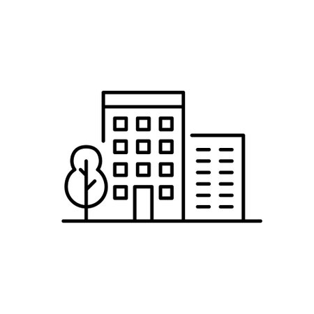 Apartment buildings and tree. Comfortable green city living. Pixel perfect, editable stroke vector iconのイラスト素材