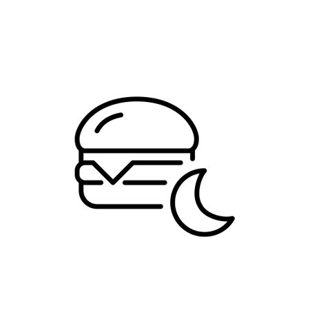 Cheeseburger and moon. Fast food, evening snack. Late night cravings, 24 hours food delivery. Pixel perfect, editable stroke vector iconのイラスト素材