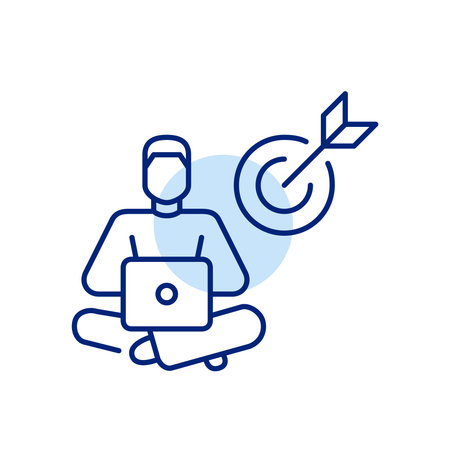 Man working at laptop and arrow hitting target. Remote job productivity. Pixel perfect, editable stroke vector iconのイラスト素材