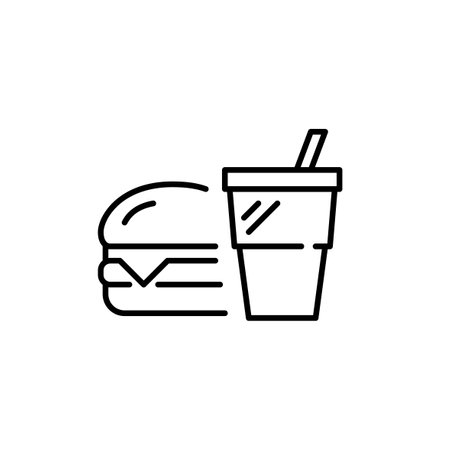 Hamburger and fountain soda drink. Quick fast food delivery. Pixel perfect, editable stroke vector iconのイラスト素材