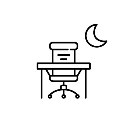 Office desk and chair with crescent moon symbol. Late night, working overtime. Pixel perfect, editable stroke vector iconのイラスト素材