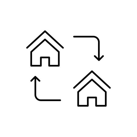 Houses connected with arrows. Property transfer, house flipping or change of ownership. Real estate transactions. Pixel perfect, editable stroke vector iconのイラスト素材
