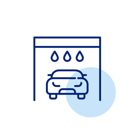 Car in garage and water drops. Drive through car wash box. Pixel perfect, editable stroke vector iconのイラスト素材