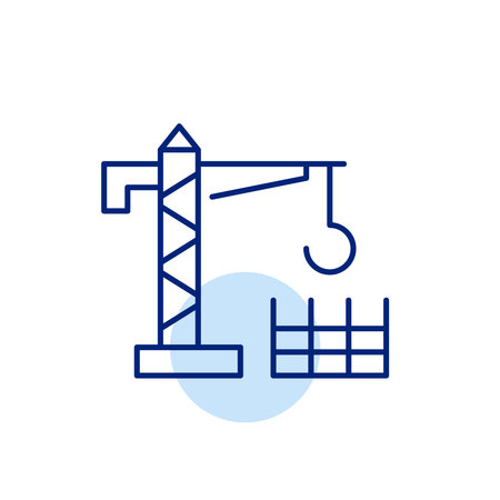 Tower crane and steel reinforcement in concrete. Contemporary building technologies. Construction site, real estate development. Pixel perfect, editable stroke vector iconのイラスト素材