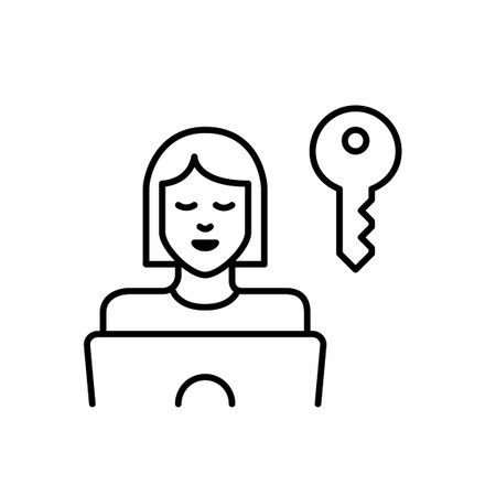 Woman working at laptop and key. Secure profile access, cybersecurity and digital data protection. Pixel perfect, editable stroke vector iconのイラスト素材