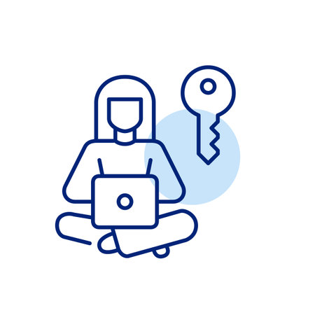 Woman working at laptop and key. Cybersecurity, secure access to digital resources and protected online presence. Pixel perfect, editable stroke vector iconのイラスト素材