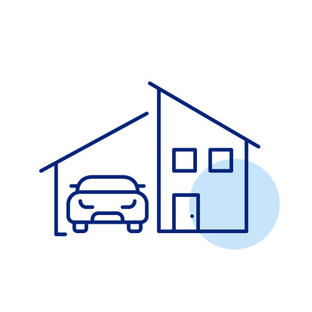 Modern villa with car in garage. Suburban living, residence with vehicle access. Comfortable housing. Real estate, property types. Pixel perfect, editable stroke vector iconのイラスト素材