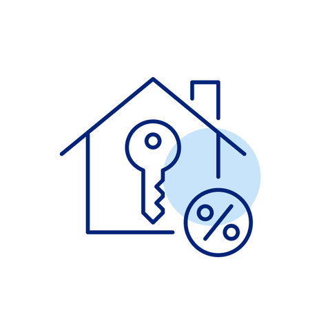 House, key and percent symbol. Real estate investment deals, property mortgage. Pixel perfect, editable stroke vector iconのイラスト素材