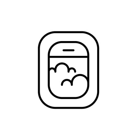 Airplane window with clouds. Comfortable air travel. Adventure in sky. Pixel perfect, editable stroke vector iconのイラスト素材