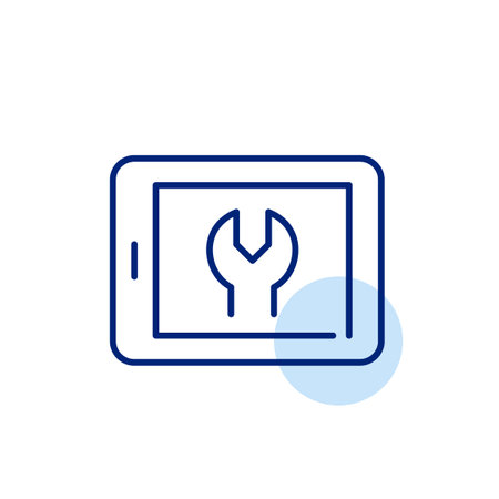 Tablet and wrench. Custom settings, tech troubleshooting. Pixel perfect, editable stroke vector iconのイラスト素材