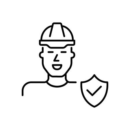 Man in hard hat and shield with checkmark. Insured workplace safety. Health insurance coverage for employees. Pixel perfect, editable stroke vector iconのイラスト素材