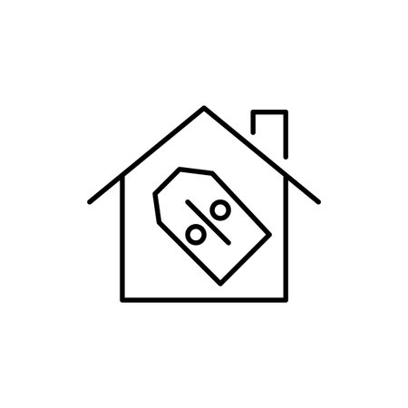 House with discount price tag. Deals on rent or sale. Pricing flexibility or promotions. Pixel perfect, editable stroke vector iconのイラスト素材