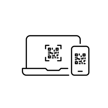 Laptop and smart phone with qr code on it. Fast data sharing and linking between devices through scan. Code-enabled verification. Pixel perfect, editable stroke vector iconのイラスト素材