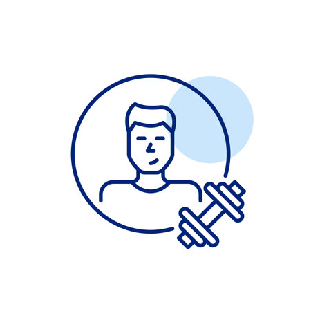 Female user avatar and dumbbell. Health club member or personal instructor, gym workout for health. Fitness app. Pixel perfect, editable stroke vector iconのイラスト素材