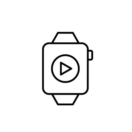 Smart watch with play button on screen. Audio and video playback interface. Accessing and controlling media from your wrist. Pixel perfect, editable stroke vector iconのイラスト素材