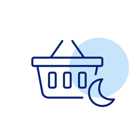 Shopping basket and moon. Night deals, 24 hours online market service. Pixel perfect, editable stroke vector iconのイラスト素材
