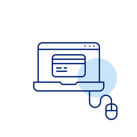 Laptop with computer mouse and credit card on screen. Secure online shopping. Pixel perfect, editable stroke vector iconのイラスト素材