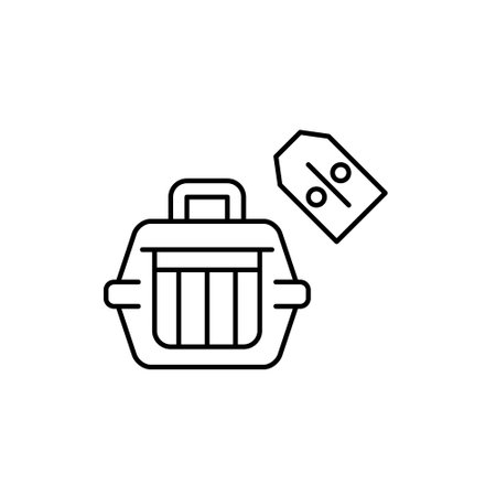 Pet carrier and discount price tag. Pet store deals. Sales and saving coupons. Pixel perfect, editable stroke vector iconのイラスト素材