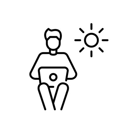 Man working remotely from laptop during office hours. Pixel perfect, editable stroke vector iconのイラスト素材