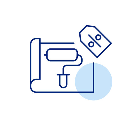 Apartment floor plan, paint roller and discount tag. Deals of refurbishment and redecoration. Pixel perfect, editable stroke vector iconのイラスト素材