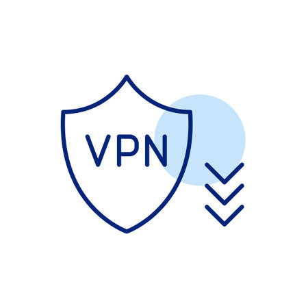 VPN shield and arrows down. Secure and private downloading. Safe access to data and content. Pixel perfect, editable stroke vector iconのイラスト素材