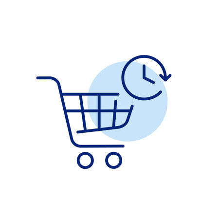 Shopping cart and clock. Quick checkout, express purchase. Limited time offers, sales deals. Pixel perfect, editable stroke vector iconのイラスト素材