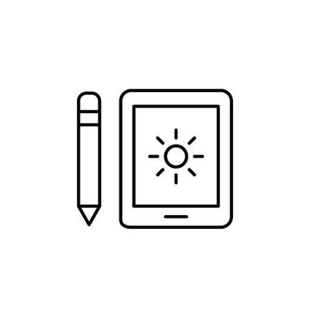 Electronic tablet with pencil and sun symbol on screen. Automatic brightness adjustment, enhanced visibility. Pixel perfect, editable stroke vector iconのイラスト素材