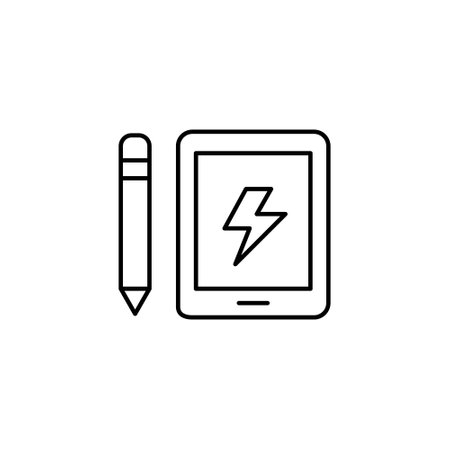Lightning on electronic tablet and pencil. Power battery charging cycle, reusable energy sources. Pixel perfect, editable stroke vector iconのイラスト素材