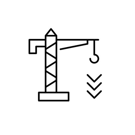 Tower crane and arrows down. Lowering costs of construction, market prices and demand on decline. Pixel perfect, editable stroke vector iconのイラスト素材