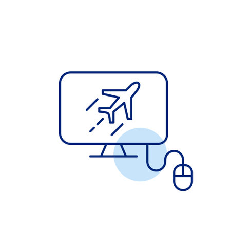 Fast airplane on computer monitor and mouse. Super-fast internet browsing experience. Pixel perfect, editable stroke vector iconのイラスト素材