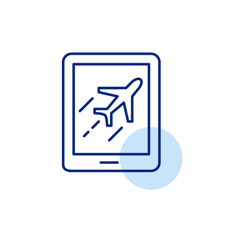 Fast flying airplane on electronic tablet. Rapid downloading, streaming, and seamless browsing through high-speed internet services. Pixel perfect, editable stroke vector iconのイラスト素材