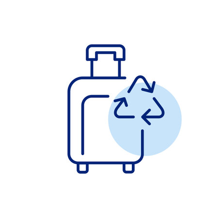 Sustainable eco-friendly packing and travel. Wheeler suitcase and recycling arrows. Pixel perfect, editable stroke vector iconのイラスト素材