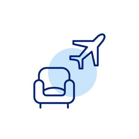 Sofa chair and airplane. Travel in comfort. Premium lounge, business class experience. Pixel perfect, editable stroke vector iconのイラスト素材