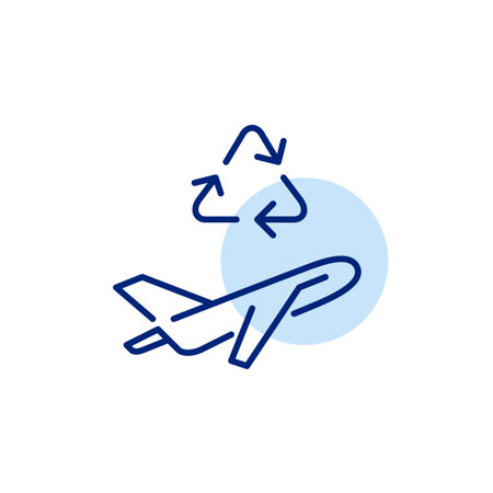 Airplane and recycling arrows. Sustainable travel habits, reducing waste and reusing resources. Pixel perfect, editable stroke vector iconのイラスト素材