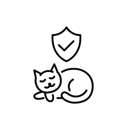 Sleeping peaceful cat and insurance shield with checkmark. Security and peace that comes with verified protection. Pixel perfect, editable stroke vector iconのイラスト素材