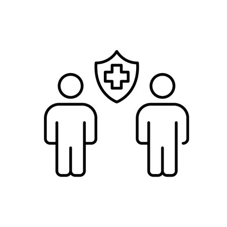 Two people and health insurance shield. Joint or shared health insurance plan for partners. Pixel perfect, editable stroke vector iconのイラスト素材