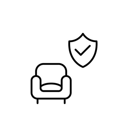 Sofa chair and insurance shield with checkmark. House insurance. Safe living and comfort. Pixel perfect, editable stroke vector iconのイラスト素材