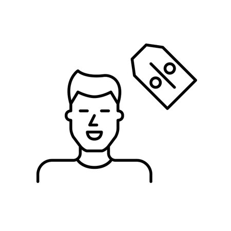 Member discounts. Male user and a discount tag, indicating savings available to members or subscribers. Personalized deals. User only promotions. Pixel perfect, editable stroke vector iconのイラスト素材