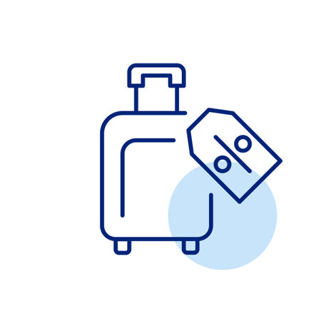 Wheeler suitcase and discount price tag. Savings on travel expenses or discounted travel packages. Affordable flight tickets. Pixel perfect, editable stroke vector iconのイラスト素材