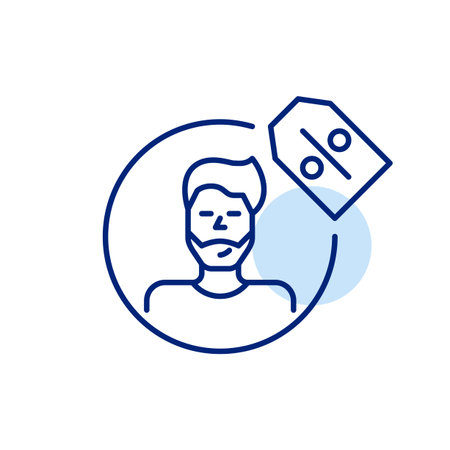 Man profile picture with discount price tag. Special deals available to registered or loyal users. Account savings. Pixel perfect, editable stroke vector iconのイラスト素材