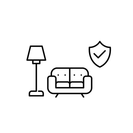 Sofa, floor lamp and shield with checkmark. Home insurance. Secure and safe living. Pixel perfect, editable stroke vector iconのイラスト素材