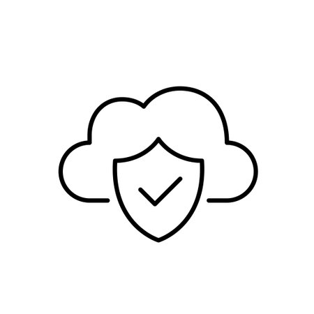 Cloud and security shield. Protection of data against unauthorized access or breaches. Virtual file storage. Pixel perfect, editable stroke vector iconのイラスト素材